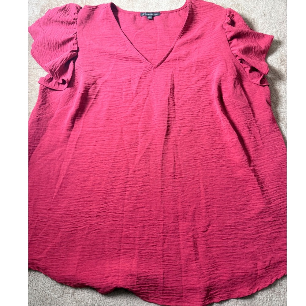 Adrianna Papell Womens 1X Raspberry Pink Ruffle Flutter Sleeve V-Neck Blouse
